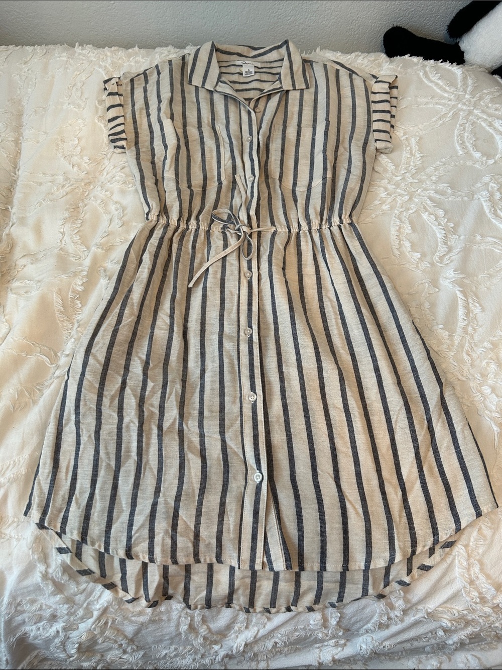 Japna Beige and Navy Striped Shirt Dress